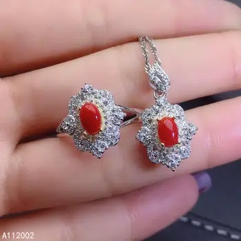 KJJEAXCMY изысканные ювелирные изделия из натурального красного коралла, стерлингового серебра 925 пробы, женское ожерелье с подвеской, цепочка, кольцо, набор, тест на поддержку, изысканный