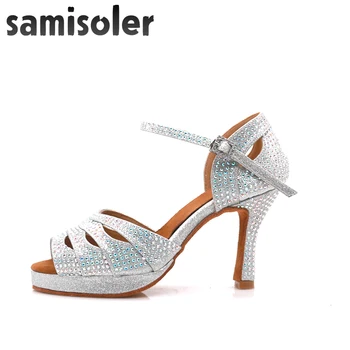 Samisoler/ Новые блестящие туфли для Латиноамериканских танцев Со стразами, женские атласные туфли для танцев Сальсы, женские туфли для Танго, бальные туфли