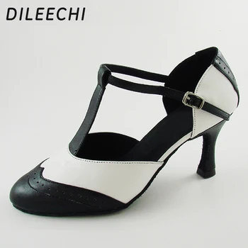 Бренд DILEECHI/ белые туфли для современных латинских танцев из натуральной кожи с Т-образным ремешком; женская обувь на высоком каблуке 7,5 см; осенне-зимняя черная обувь для вечеринок