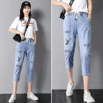 Женские джинсы Harlan в корейском стиле длиной до икр, Весенне-летние модные уличные брюки Y2k с высокой талией и вышивкой, Укороченные брюки