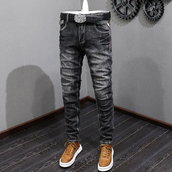 Итальянские Дизайнерские Модные Мужские джинсы в стиле Ретро, черные, Серые, Эластичные, приталенные, Рваные Джинсы, Мужские Винтажные Повседневные Джинсовые брюки-стрейч Hombre