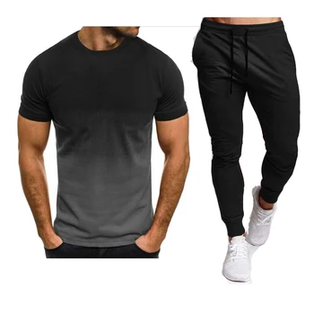 Летний популярный мужской комплект из футболки и штанов, Мужской спортивный комплект, Повседневная модная хлопковая футболка с коротким рукавом, комплект