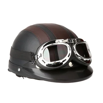 Мотоцикл, Скутер, Наполовину кожаный шлем с открытым лицом, солнцезащитные очки, Ретро Винтажный Стиль 54-60 см для аксессуаров Безопасности 0
