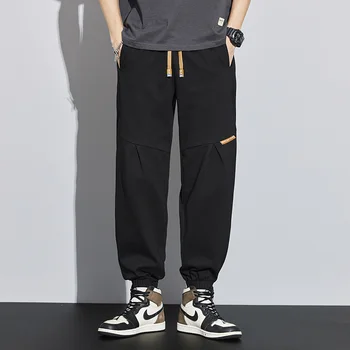 Мужские Весенние однотонные Повседневные брюки со Шнурком из 100% полиэфирного волокна, Свободные штаны для Бега, Спортивные штаны Хай-стрит Harajuku, мужские