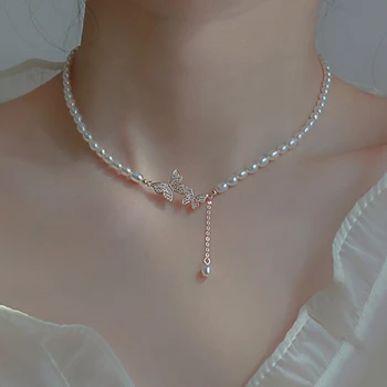 Новая Длинная цепочка с жемчугом и кисточками, ожерелье со стразами и бабочкой Для женщин, Персонализированное Модное ожерелье, Свадебные украшения, подарки на день рождения