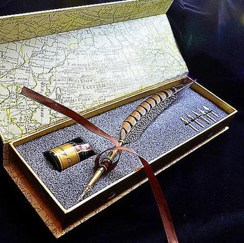 Подарочная ручка с перьевым фонтаном в винтажном стиле с 5 наконечниками и 1 чернилами