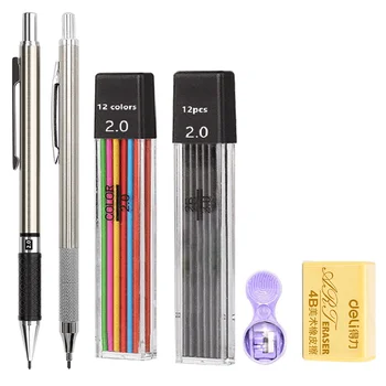Цельнометаллические Механические карандаши 2,0 мм, набор грифелей для художественного рисования, Цветные Автоматические карандаши 2B, Канцелярские школьные ручки, принадлежности