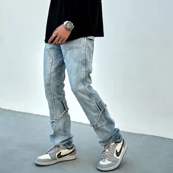 2021, Корейская модная цепочка, Ретро-стираемые Мужские Джинсы-карандаш, брюки в стиле хип-хоп, Тонкие повседневные женские джинсовые брюки в стиле панк для подростков