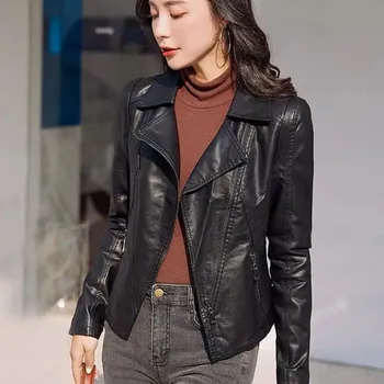 2022 Весенне-Осенние Мотоциклетные пальто 5XL, Женские кожаные куртки с отложным воротником на молнии, Черная мотоциклетная байкерская куртка, женское пальто