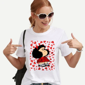 2022 Модная Кавайная Забавная футболка Mafalda с графическим принтом, Женская Эстетическая Одежда в стиле Харадзюку, Белые Топы, Футболка, Повседневная Женская Футболка