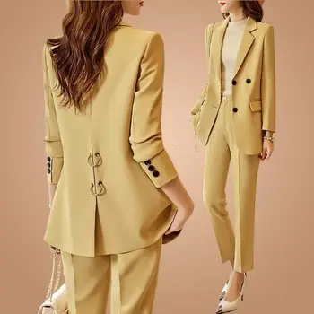 2023 Весенне-осенний женский Блейзер, Брюки, комплект из двух предметов, Корейское Офисное Женское Изящное Желтое пальто, Брюки, костюмы, Модная рабочая одежда