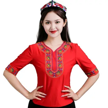 2023 Футболка для танцев в Синьцзяне с коротким рукавом, Женская Тонкая приталенная нижняя рубашка в этническом стиле, летнее платье с коротким рукавом 0