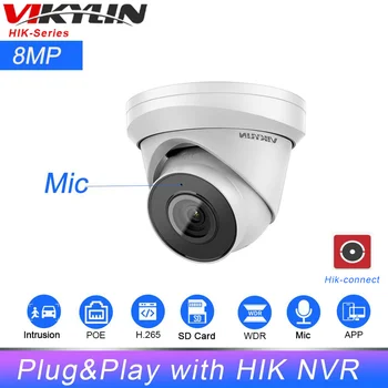 8-мегапиксельная IP-камера Vikylin, встроенный микрофон, SD-карта, Сетевая камера для обнаружения людей и транспортных средств, Замена HIK DS-2CD1383G0-IUF Hik-connect