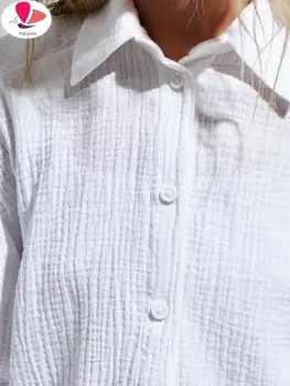 APIPEE/ хлопковые солнцезащитные дышащие рубашки с длинным рукавом, Летние Свободные однотонные топы, Женская рубашка, Офисная женская блузка, Шикарная верхняя одежда 4