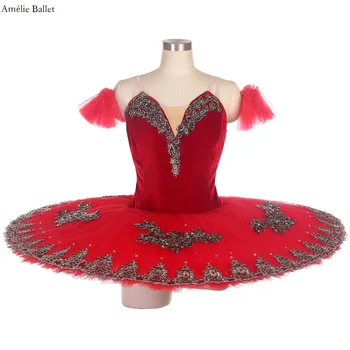 B22126 Красная Бархатная Профессиональная Классическая Балетная пачка, Танцевальный костюм Балерины, Блинное платье-пачка с 10 слоями жесткого тюля