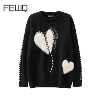 FEWQ, осенне-зимний прилив, Нишевая уличная мода, тренд дизайна с вышивкой, Повседневный Свободный вязаный свитер для пары с круглым вырезом X