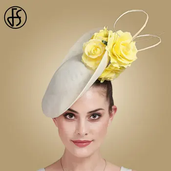FS Бежевый Белый Kentucky Big Fascinators Для Свадебных Волос Коктейльные Церковные Шляпы Элегантные Женские Фетровые Шляпы Lady Fancy Flower Headwear