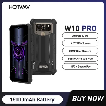 HOTWAV W10 Pro Мобильный Телефон Прочный Телефон 6 ГБ + 64 ГБ Android 12 IP68 Водонепроницаемый Helio P22 6,53 Дюймов 20 Мп Задняя камера 15000 мАч
