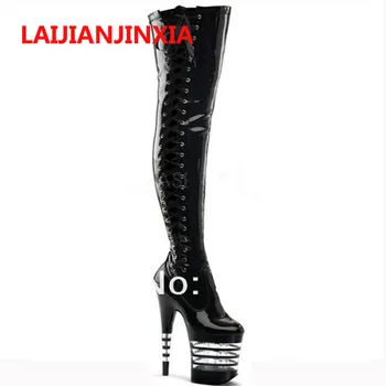LAIJIANJINXIA/Новые женские танцевальные туфли выше колена на высоком каблуке из искусственной кожи для вечеринки в ночном клубе Quee; Высокие сапоги на каблуке 20 см