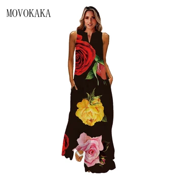 MOVOKAKA Женское весенне-летнее черное платье для вечеринки, Элегантные повседневные пляжные Длинные платья, Женское платье Макси без рукавов с V-образным вырезом и принтом розы