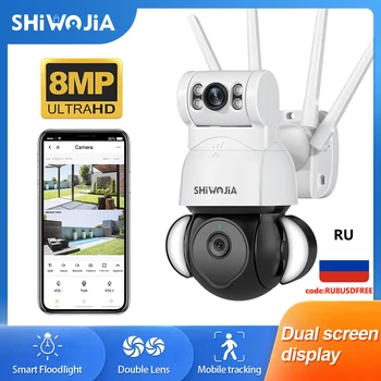 SHIWOJIA 4K 8MP IP-камера с двумя Объективами, Wi-Fi, Беспроводной 4-Кратный Цифровой Зум, Автоматическое Отслеживание Движения, Камера Видеонаблюдения, Видеонаблюдение