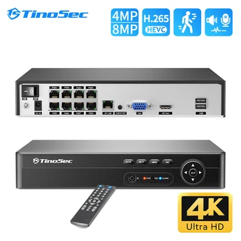 TinoSec 8CH 4K PoE NVR H.265 8MP 5MP 4MP Сетевой Видеомагнитофон Для Системы видеонаблюдения С Отслеживанием Лица Камера Безопасности Рекордер