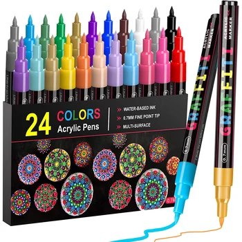 Акриловые ручки для рисования 24 Цвета Акриловые маркеры для рисования 0,7 мм с тонким наконечником, Фломастеры для поделок, Водонепроницаемая краска