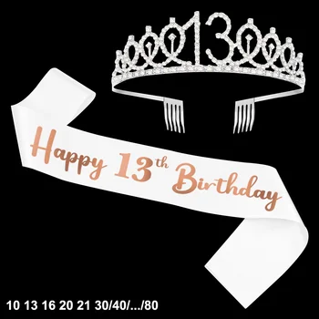 День рождения украшения для девочек, женщин Корона 10-й 13 16 18 20 21 30 день рождения Лента и диадема 40 50 60 70 80 вечеринок