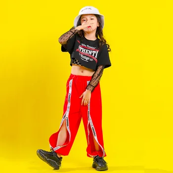 Детская Одежда в стиле хип-хоп, Кружевной Укороченный Топ, Черная футболка с длинными рукавами, Штаны для Бега Трусцой с Разрезом для Девочек, Костюм для Джазовых Танцев, Одежда