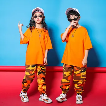 Детская одежда в стиле хип-хоп, однотонная футболка большого размера, Камуфляжные тактические брюки-карго для бега трусцой для девочек и мальчиков, костюм для джазовых танцев, одежда
