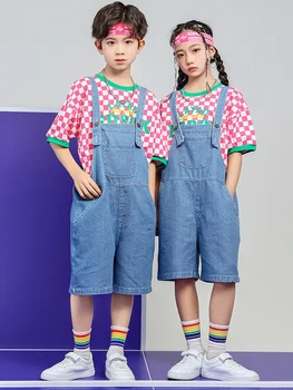 Детская одежда для уличных танцев в стиле хип-хоп, модный комплект с короткими рукавами, джинсовые брюки с ремешками для мальчиков и девочек