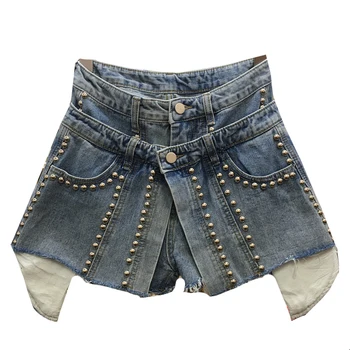 Джинсовые шорты с заклепками в стиле панк, женские джинсовые шорты с высокой талией, Юбка, женские модные летние шорты