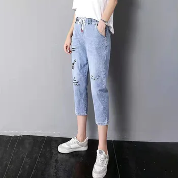 Женские джинсы Harlan в корейском стиле длиной до икр, Весенне-летние модные уличные брюки Y2k с высокой талией и вышивкой, Укороченные брюки 2