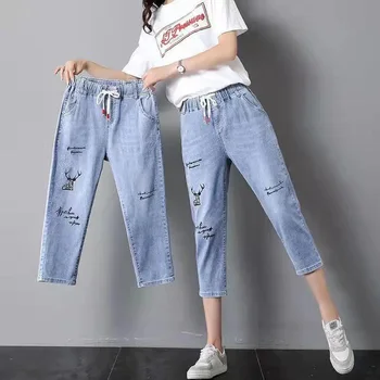 Женские джинсы Harlan в корейском стиле длиной до икр, Весенне-летние модные уличные брюки Y2k с высокой талией и вышивкой, Укороченные брюки 3