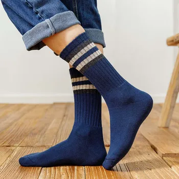 Зимние мужские носки-трубочки из 100% хлопка в стиле Харадзюку, ретро, Толстые теплые полосатые длинные махровые носки больших размеров, 5 пар 4