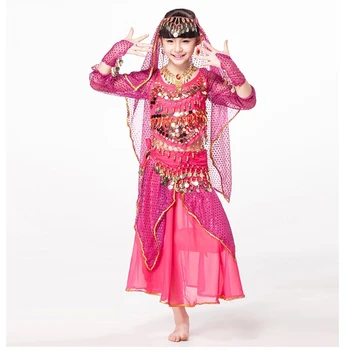Индийские платья, Сари, Детская танцевальная одежда, Комплект из 5 предметов, Костюм с Длинными рукавами, Пояс с монетами и браслетами, Детские костюмы для танца Живота