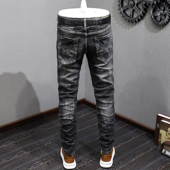 Итальянские Дизайнерские Модные Мужские джинсы в стиле Ретро, черные, Серые, Эластичные, приталенные, Рваные Джинсы, Мужские Винтажные Повседневные Джинсовые брюки-стрейч Hombre 1