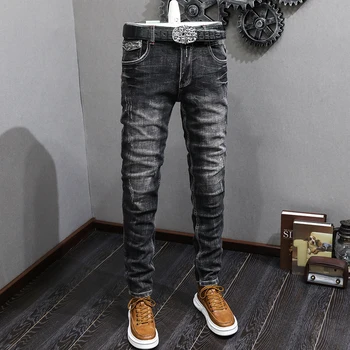 Итальянские Дизайнерские Модные Мужские джинсы в стиле Ретро, черные, Серые, Эластичные, приталенные, Рваные Джинсы, Мужские Винтажные Повседневные Джинсовые брюки-стрейч Hombre 2