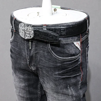Итальянские Дизайнерские Модные Мужские джинсы в стиле Ретро, черные, Серые, Эластичные, приталенные, Рваные Джинсы, Мужские Винтажные Повседневные Джинсовые брюки-стрейч Hombre 3