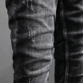 Итальянские Дизайнерские Модные Мужские джинсы в стиле Ретро, черные, Серые, Эластичные, приталенные, Рваные Джинсы, Мужские Винтажные Повседневные Джинсовые брюки-стрейч Hombre 4