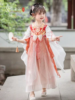 Китайская детская Красная вышивка Hanfu Костюмы для Косплея, костюм Принцессы Тан, Детское традиционное платье для народных танцев