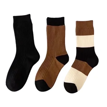 Классические хлопчатобумажные носки с манжетами черного и коричневого цветов для мужчин и женщин, весенне-осенние повседневные удобные носки средней длины