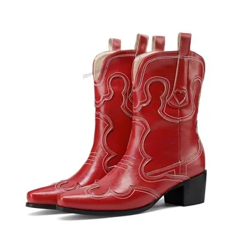 Красные Рыцарские Ботильоны из матовой кожи; Женская обувь с острым носком на массивном каблуке; Модная осенняя обувь 2023 года; Zapatos Para Mujere