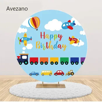 Круглый фон Avezano, обложка для Вечеринки по случаю Дня рождения мальчика, Поезд, Самолет, Воздушный шар, Синий Фон для детской фотографии, фотостудия