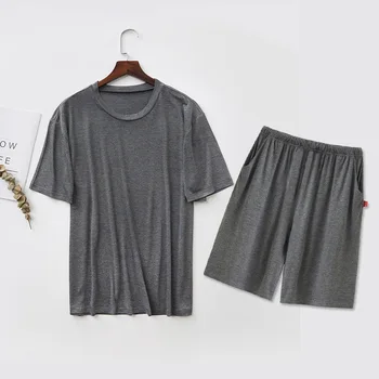 Летние модальные шорты с коротким рукавом и эластичной резинкой на талии, пижама, мужской костюм-двойка, тонкий повседневный домашний спортивный комплект, плюс размер, верхняя одежда с круглым вырезом