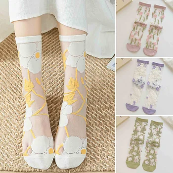 Летние прозрачные шелковые носки с кристаллами, милые ультратонкие женские носки с цветочным рисунком для девочек