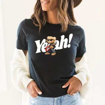 Летняя новинка YRYT, футболка с коротким рукавом и принтом рок-медведя, хлопковая пара, женский топ больших размеров