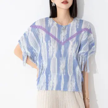 Модный дизайн Miyake, пуловер с круглым вырезом, футболка, Женская Летняя новинка 2023, рукав 