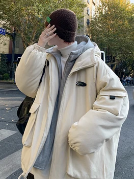 Мужская Зимняя Свободная толстая стеганая куртка 2022 с капюшоном, хлопковое пальто-карго с карманами, Модная верхняя одежда на молнии, Мужской повседневный Parker