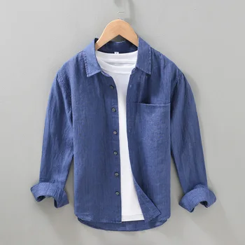 Мужская повседневная рубашка синего цвета из 100% льна, рубашки с длинным рукавом и отложным воротником, весенняя новая мужская рубашка